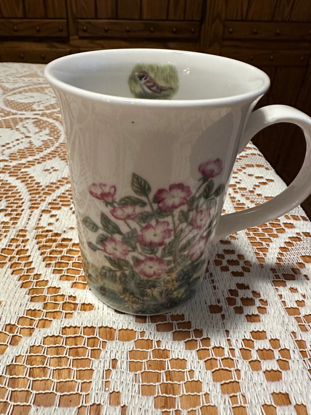 Churchill England Fine Bone China Mug Country Garden Wildflowers Bird Inside
